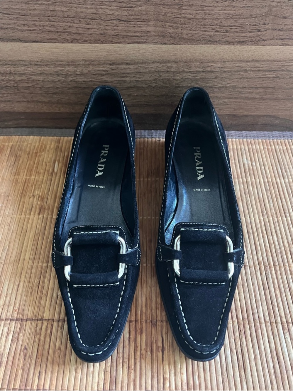 Prada Black Suede Loafers With Silver Tone Buckle Contrast Stitching Sz 36 Italy